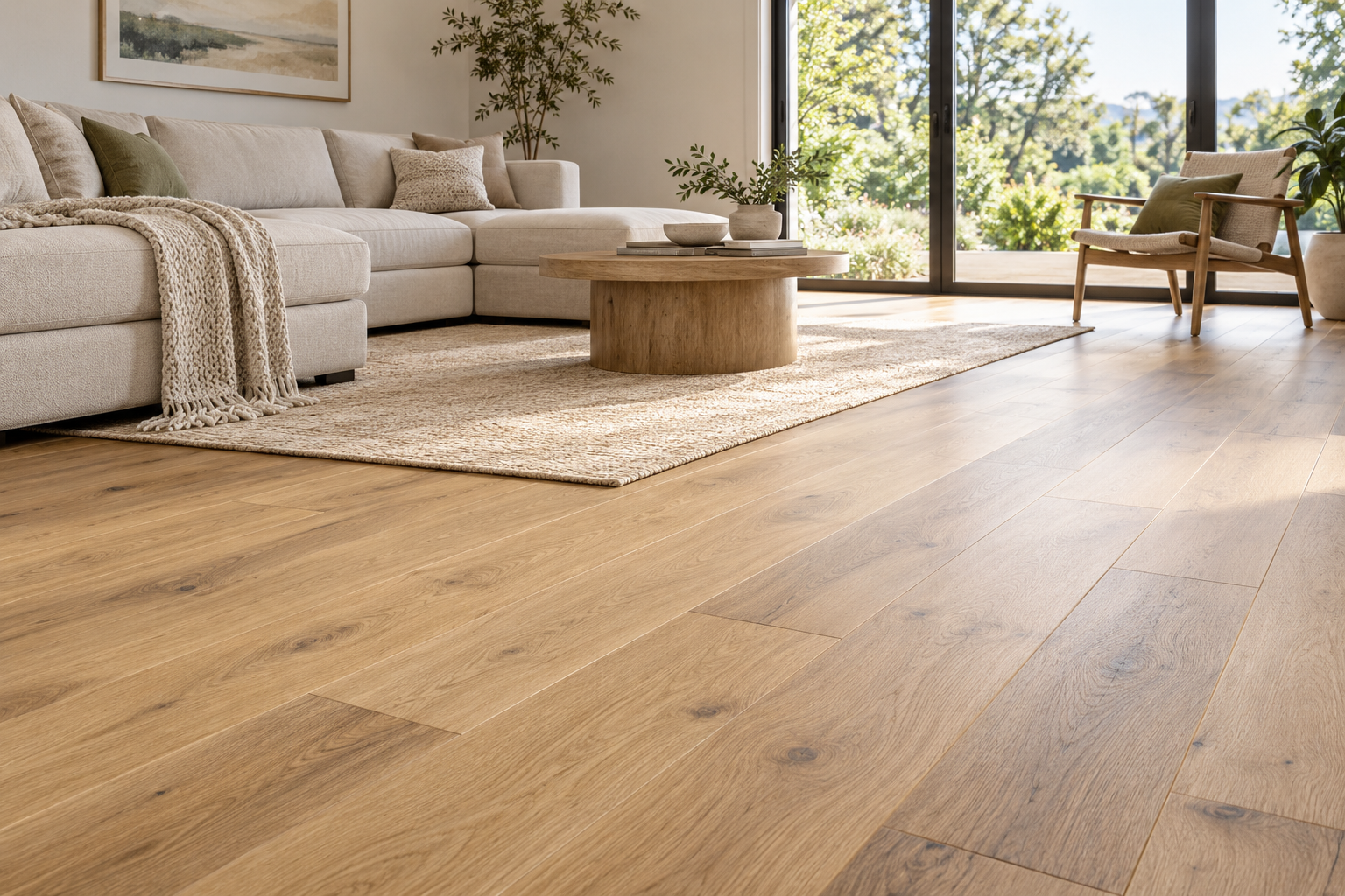 Conceptual luxury vinyl plank floor in a living room; generated temporary visual reference, not a Jose M Flooring project